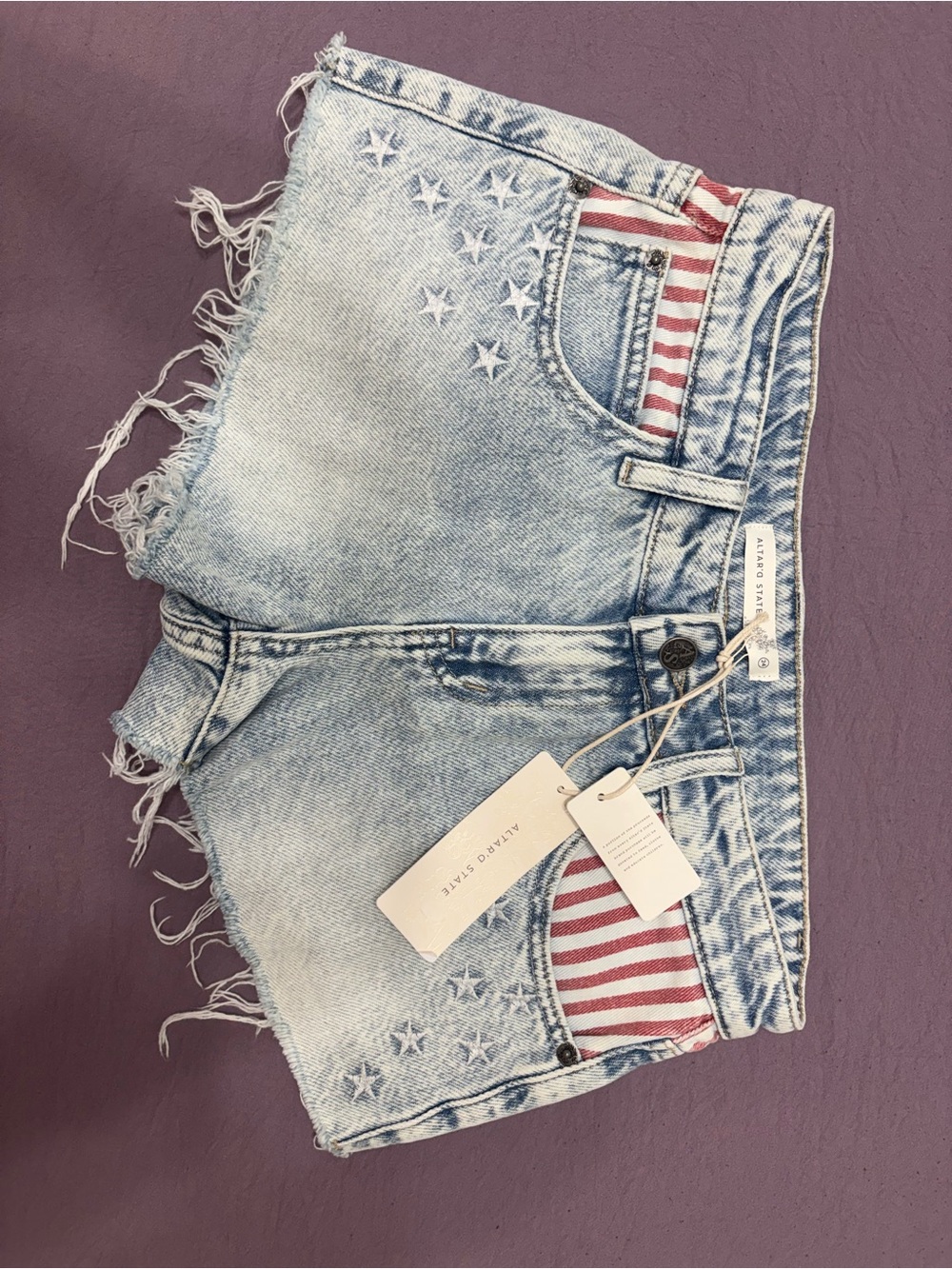Altar'd State Light Wash Denim Shorts with Red & White Stripe Pockets